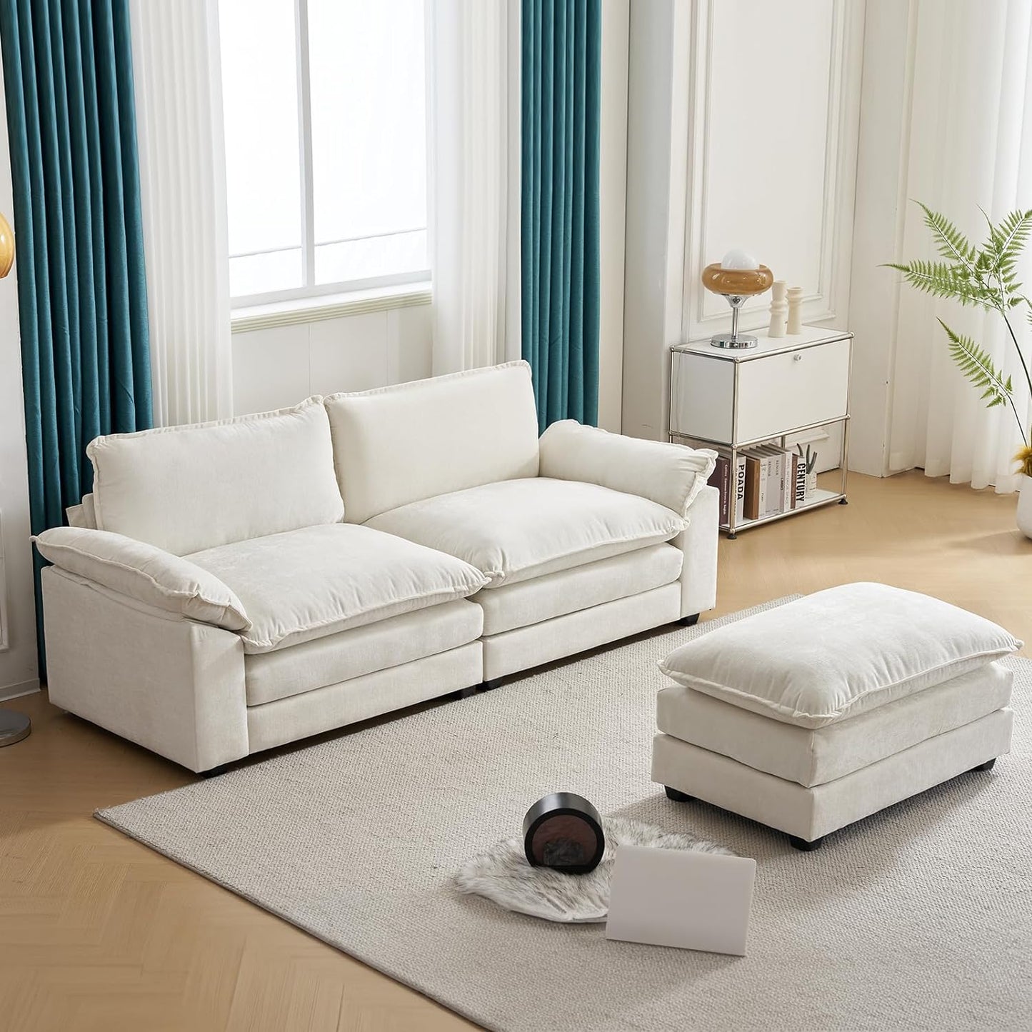 85.4" Convertible Sectional Sofa,L-Shaped Deep Seat Sofa Couch for Living Room,Modern 2-Seat Loveseat Sofa with Ottoman for Small Space(Creamy White, 85.4")