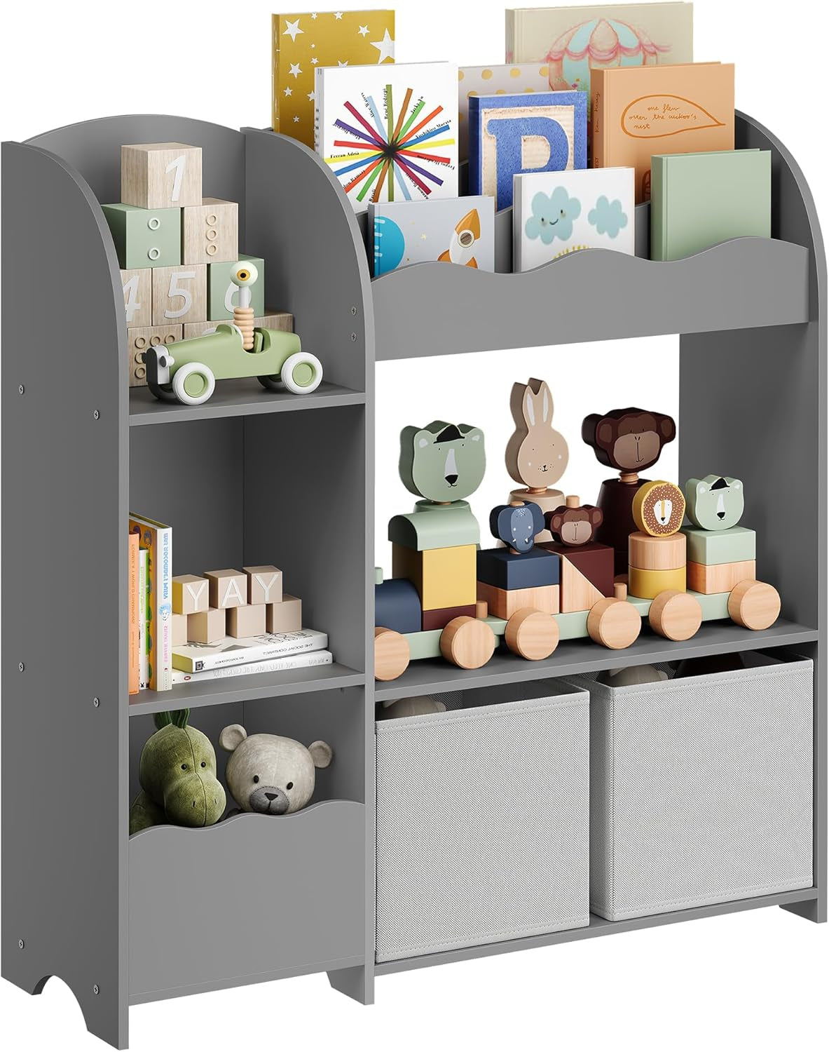 Toy and Book Organizer for Kids, Kids Bookshelf and Toy Storage, Storage Organizer with 2 Storage Boxes, for Playroom, Children'S Room, Living Room, Dove Gray UGKR042G01