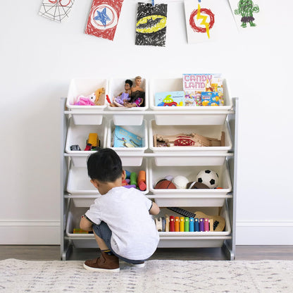 , Grey/White Kids Toy Organizer with 12 Storage Bins, Toddler