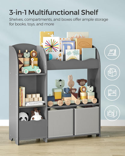 Toy and Book Organizer for Kids, Kids Bookshelf and Toy Storage, Storage Organizer with 2 Storage Boxes, for Playroom, Children'S Room, Living Room, Dove Gray UGKR042G01