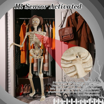 5.3 Ft Halloween Skeleton Decoration Skeleton Grim Animatronic Talking with Creepy Sound Effect, Full Body Posable Human Bones, LED Realistic Glowing Movable Eyeball, for Halloween Party Yard