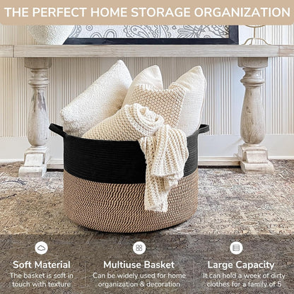 Large Storage Baskets for Organizing, 21.7 X 13.8 Blanket Basket Living Room Dog Toy Bin, Woven Laundry Basket for Dirty Clothes, Pillows, Towel, 90L Mix Black