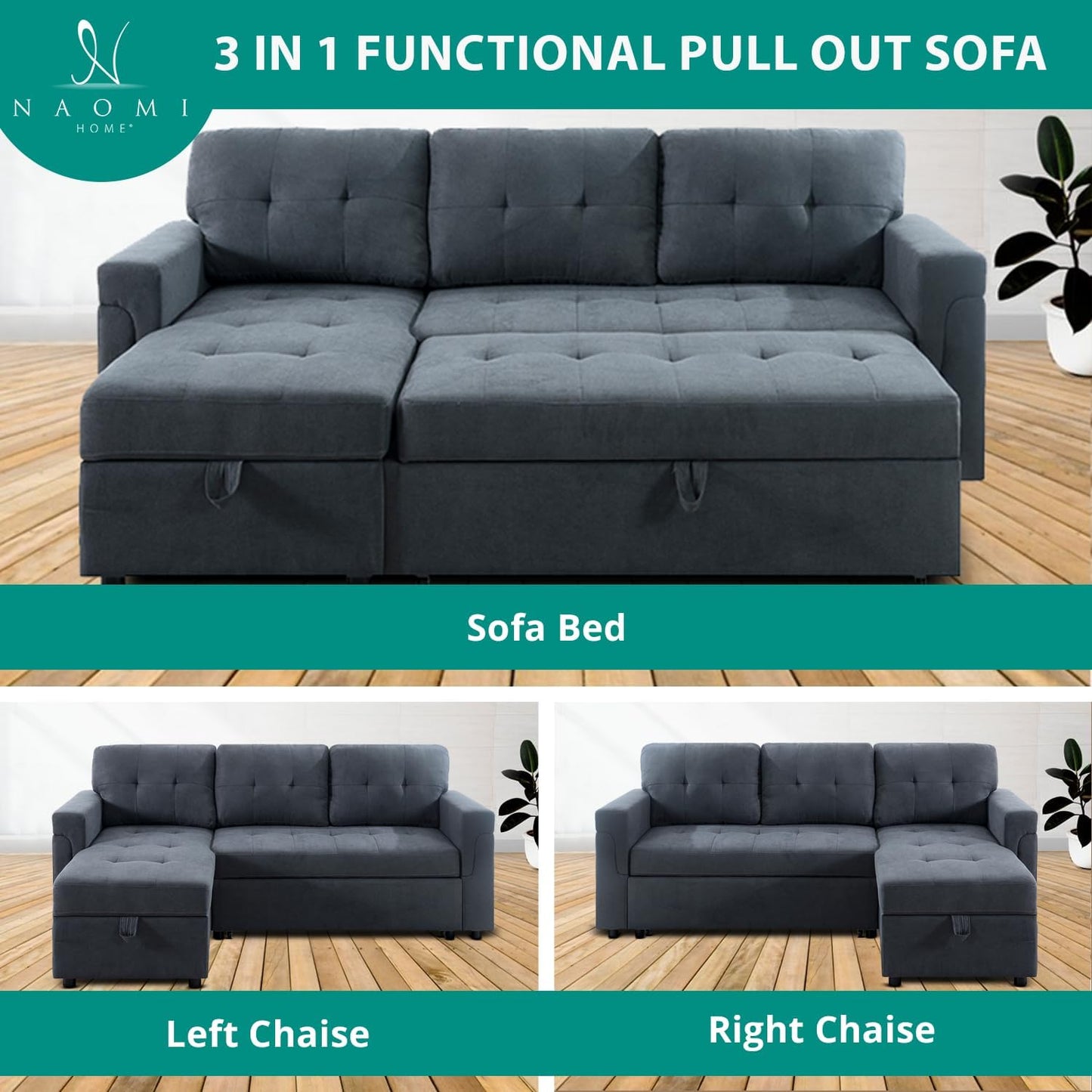 Transform Any Space: Sleeper Sectional Sofa with Convertible Sofa Bed & Inviting Chaise. Find Tranquil Comfort with Stress-Relieving Design & Durable Cushions - Dark Gray/Velvet