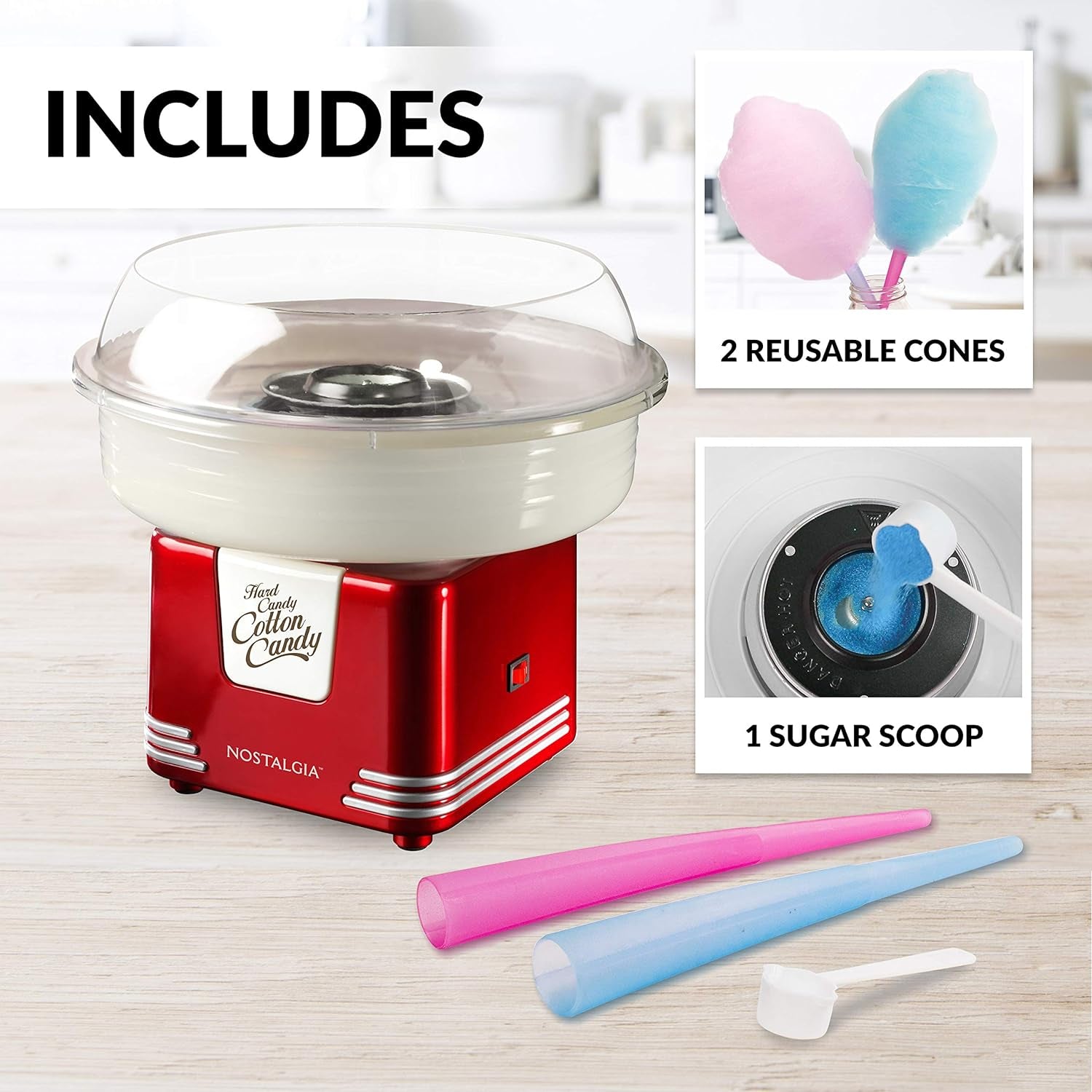 Cotton Candy Machine - Retro Cotton Candy Machine for Kids with 2 Reusable Cones, 1 Sugar Scoop, and 1 Extractor Head – Retro Red