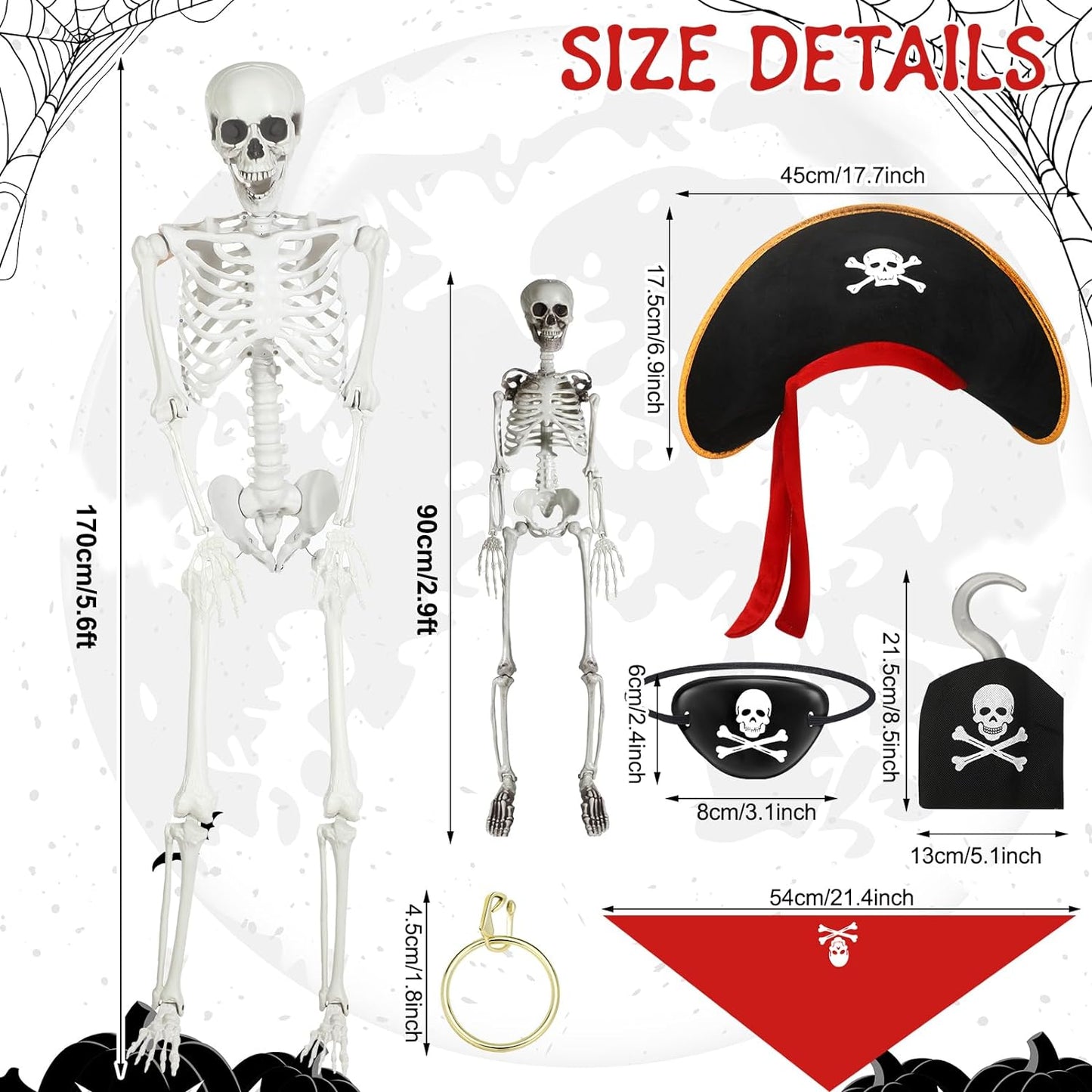 2 Pack 5.58 Ft and 3 Ft Life Size Halloween Skeleton with Pirate Costume Set Adult and Child Size Full Body Bones with Posable Joints for Halloween Outdoor Haunted Yard Party Prop Decoration