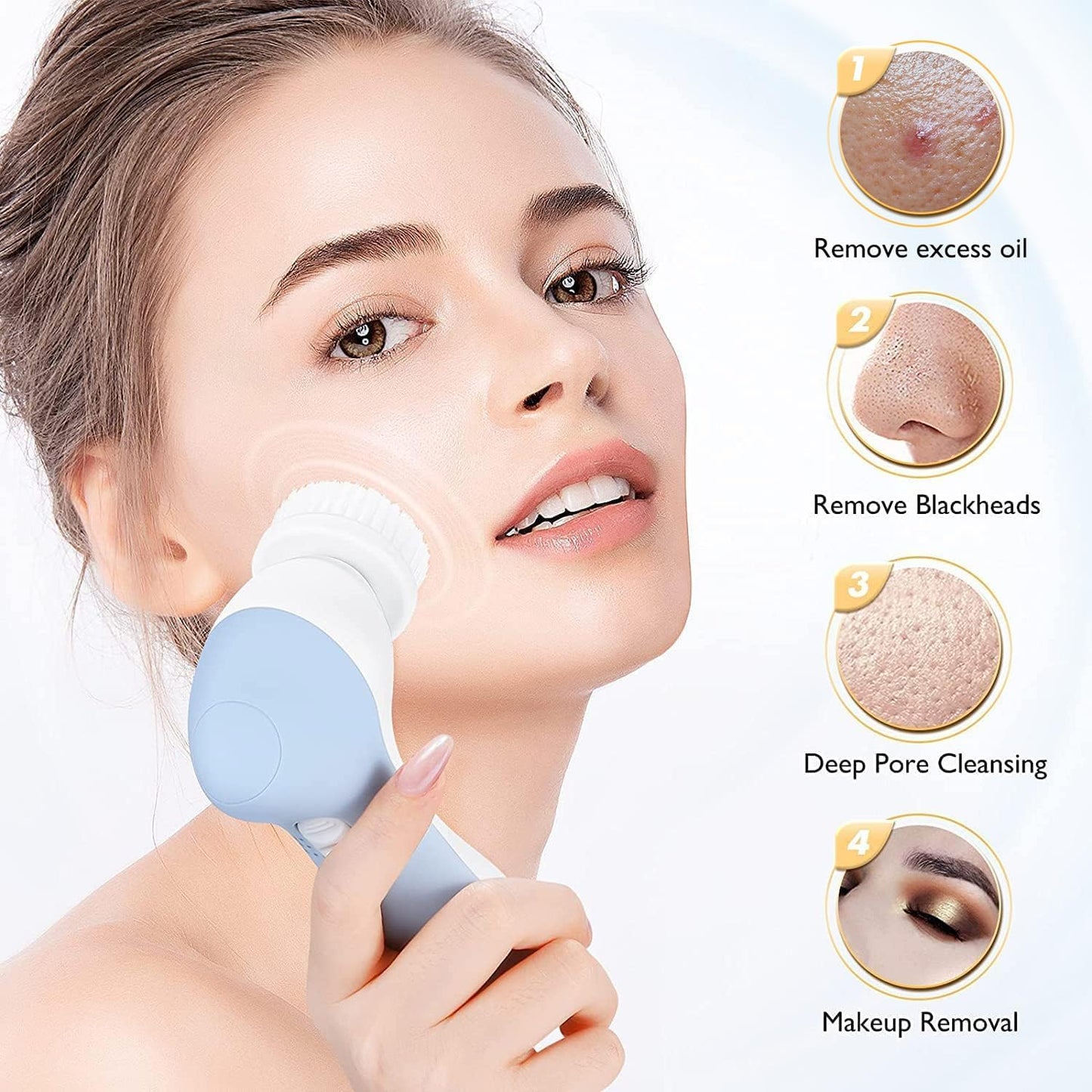 Facial Cleansing Brush Face Scrubber: 3 In1 JBK-D Electric Exfoliating Spin Device Waterproof Deep Cleaning Exfoliation Rotating Spa Machine - Electronic Skin Care Wash Spinning