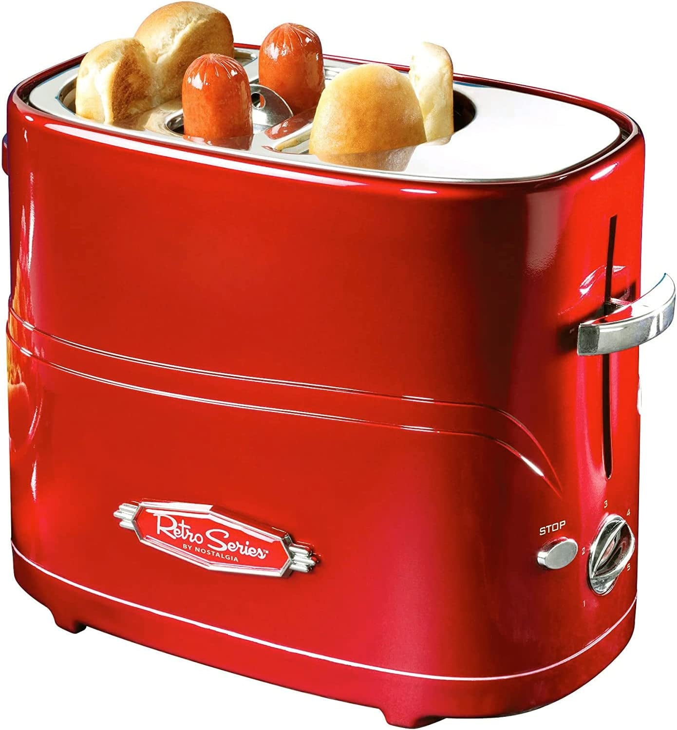 2 Slot Hot Dog and Bun Toaster with Mini Tongs, Retro Toaster, Cooker That Works Chicken, Turkey, Veggie Links, Sausages Brats, Metallic Red