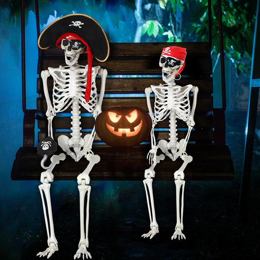 2 Pack 5.58 Ft and 3 Ft Life Size Halloween Skeleton with Pirate Costume Set Adult and Child Size Full Body Bones with Posable Joints for Halloween Outdoor Haunted Yard Party Prop Decoration