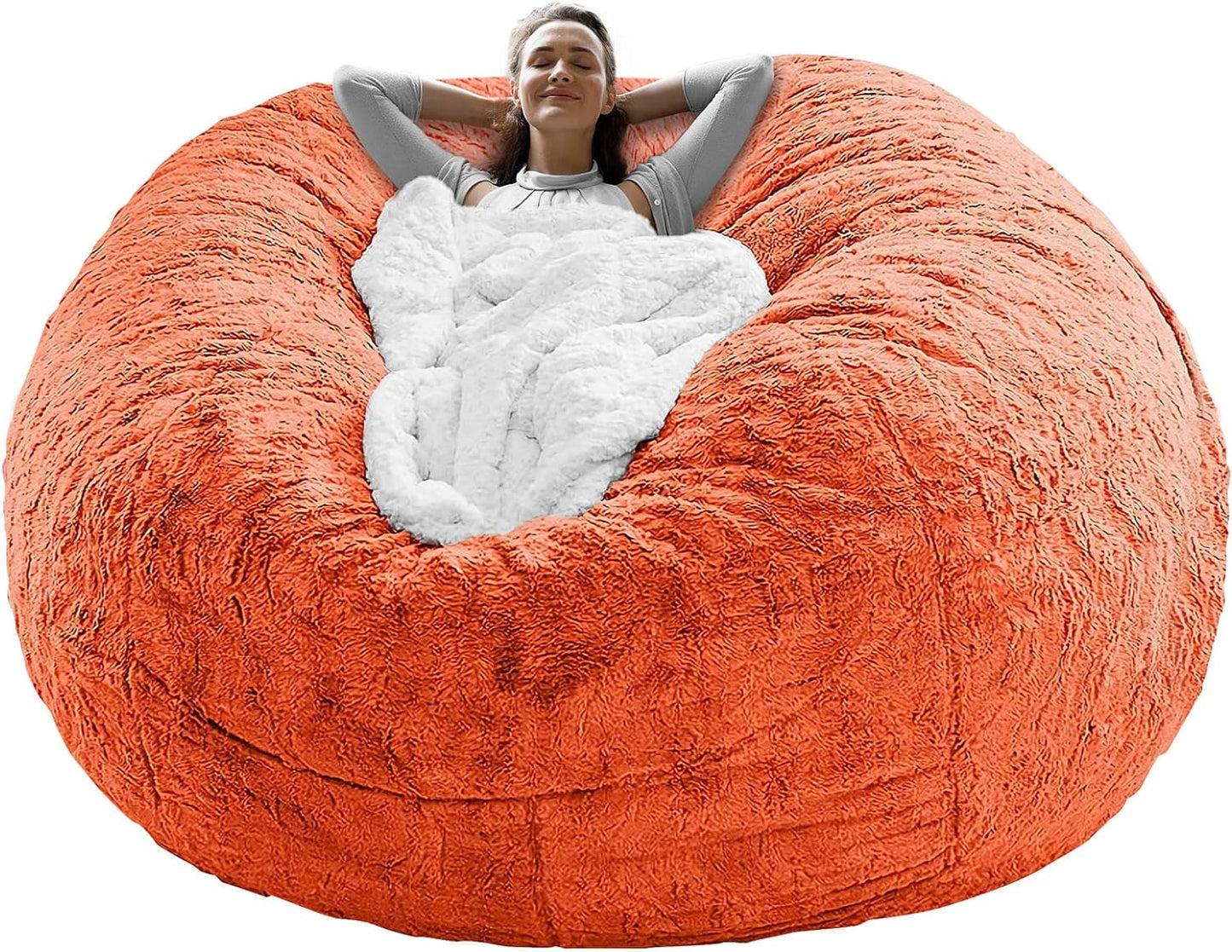 Bean Bag Chair Cover(It Was Only a Cover, Not a Full Bean Bag) Chair Cushion, Big round Soft Fluffy PV Velvet Sofa Bed Cover, Living Room Furniture, Lazy Sofa Bed Cover,5Ft Orange