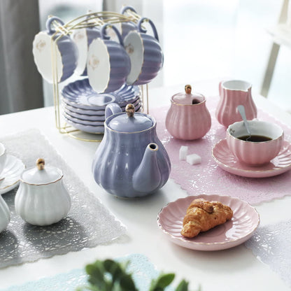 Porcelain Tea Sets British Royal Series, 8 OZ Cups& Saucer Service for 6, with Teapot Sugar Bowl Cream Pitcher Teaspoons and Tea Strainer for Tea/Coffee, Pukka Home (Pure White)