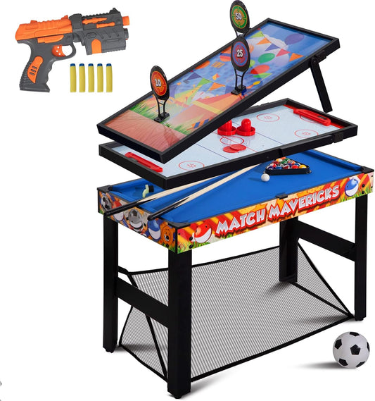 36” 4-In-1 Multi Game Table, Combo Game Table Set for Kids, Childrens, Combination Arcade Set W/Pool Billiards, Air Hockey, Soccer, Shooting Game for Home, Game Room