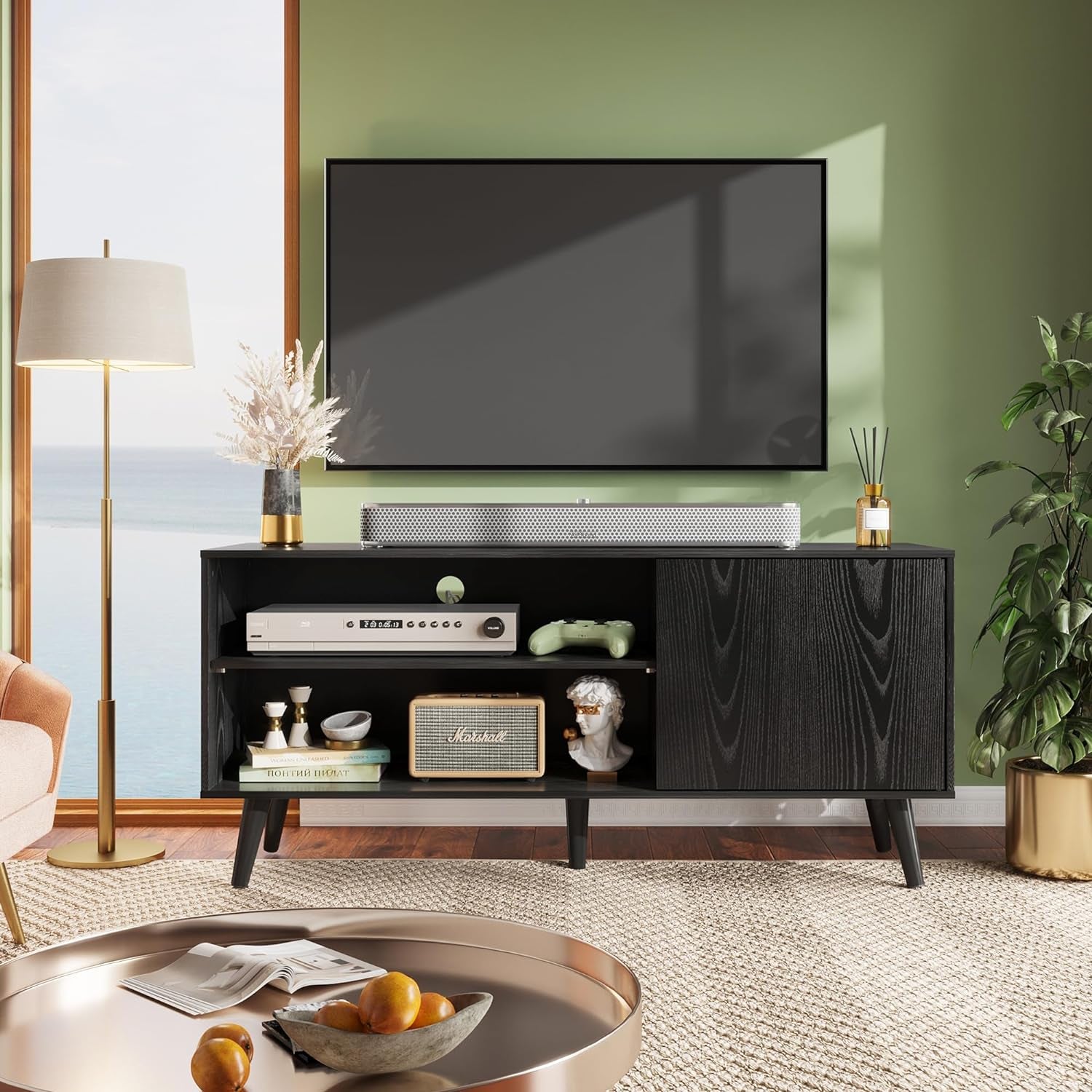 TV Stand for 55 Inch Tvs, Entertainment Center with Storage Cabinet, Mid-Century TV Stands for Living Room and Bedroom, 50" TV Console, Black