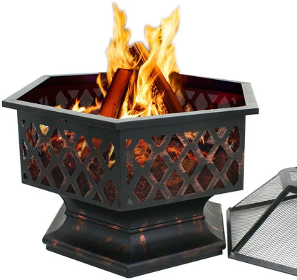 24" Hexagon Wood Bronze Finish Steel Fire Pit - Design By Technique