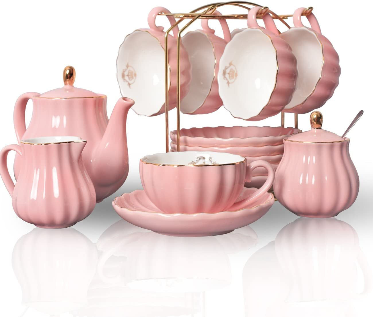 Porcelain Tea Sets British Royal Series, 8 OZ Cups & Saucer Service for 6, with Teapot Sugar Bowl Cream Pitcher Teaspoons and Tea Strainer, Suitable for High Tea, Wedding, Party (Pink)