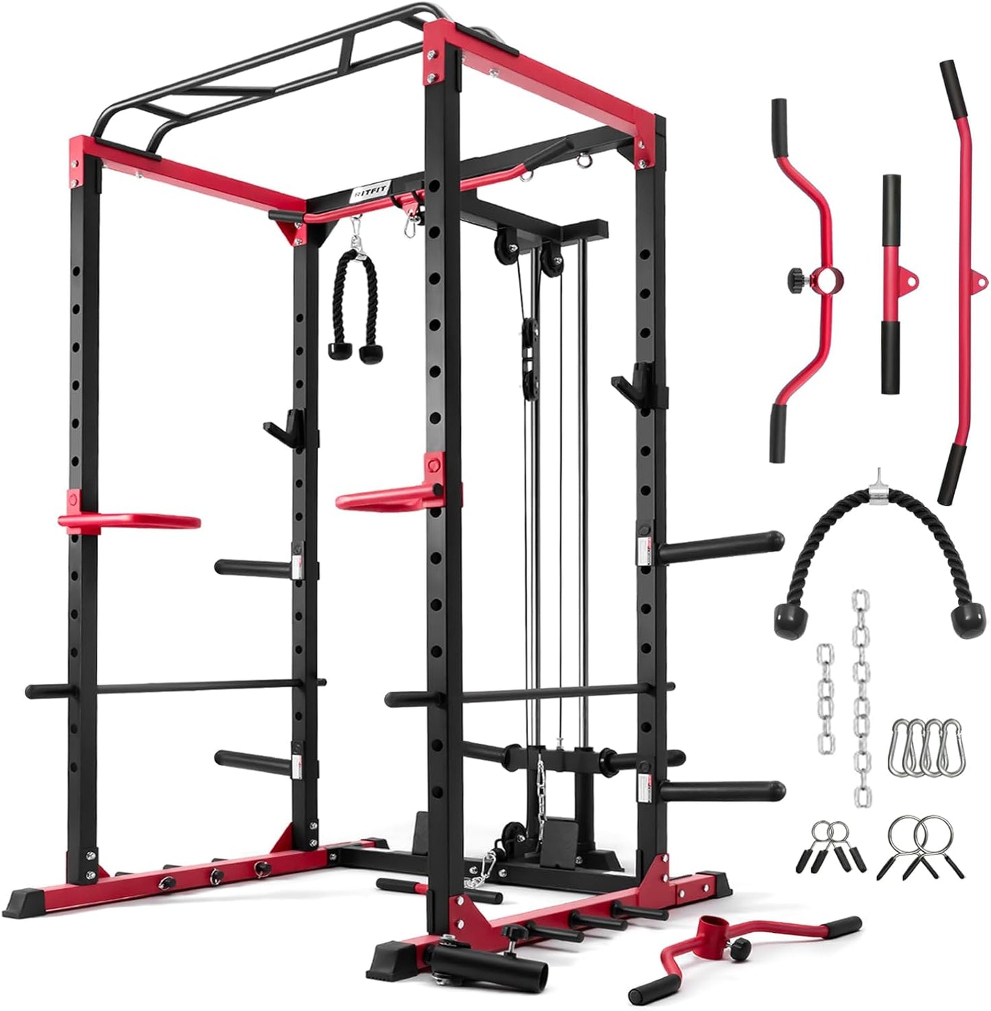 All-In-One Squat Rack for Home Gym, PPC02C Multi-Function 1000 LBS Capacity Power Cage with Lat Pulldown, Pulley System, Dip Bar, Landmine & More Power Rack Attachments, Package