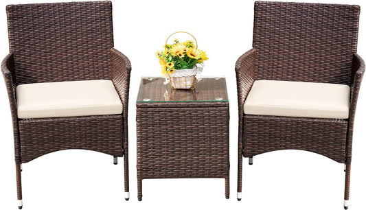Patio Porch Furniture Sets 3 Pieces PE Rattan Wicker Chairs with Table Outdoor Garden Furniture Sets (Brown/Beige) - Design By Technique