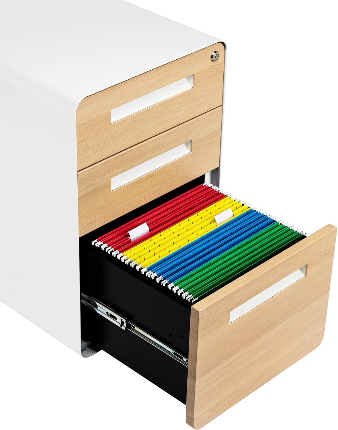 Stockpile 3 Drawer File Cabinet with Lock - under Office Desk Metal Filing Cabinet, Legal/Letter File Folders, Wheels and Stationary Feet, Pre-Assembled, White/Wood - Design By Technique