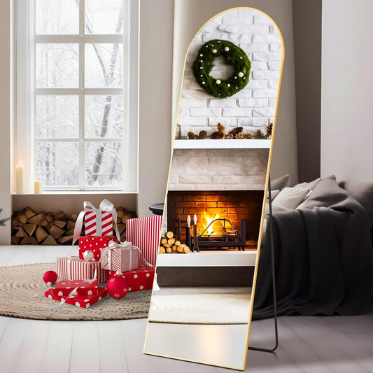 Arched Full Length Mirror 59"X16" Full Body Floor Mirror Standing Hanging or Leaning Wall, Arch Wall Mirror with Stand Aluminum Alloy Thin Frame for Bedroom Cloakroom Living Room,Gold