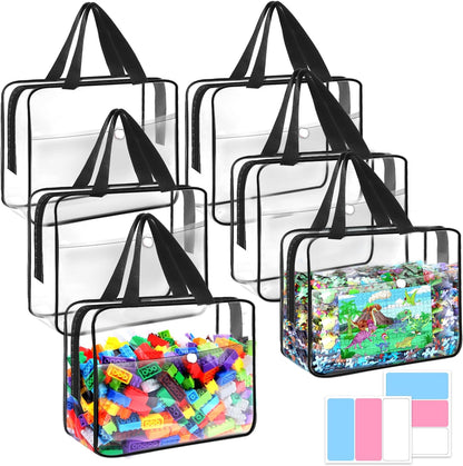 6 Packs Toy Storage Bags Large with Zipper and Labels(6Pcs), PVC Waterproof Organizers Toy Bags for Board Games, Puzzles Pieces, Building Blocks, Handmade Accessories, Kid Books