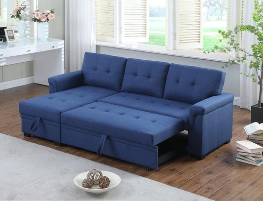 Lucca Blue Linen Reversible Sleeper Sectional Sofa with Storage Chaise