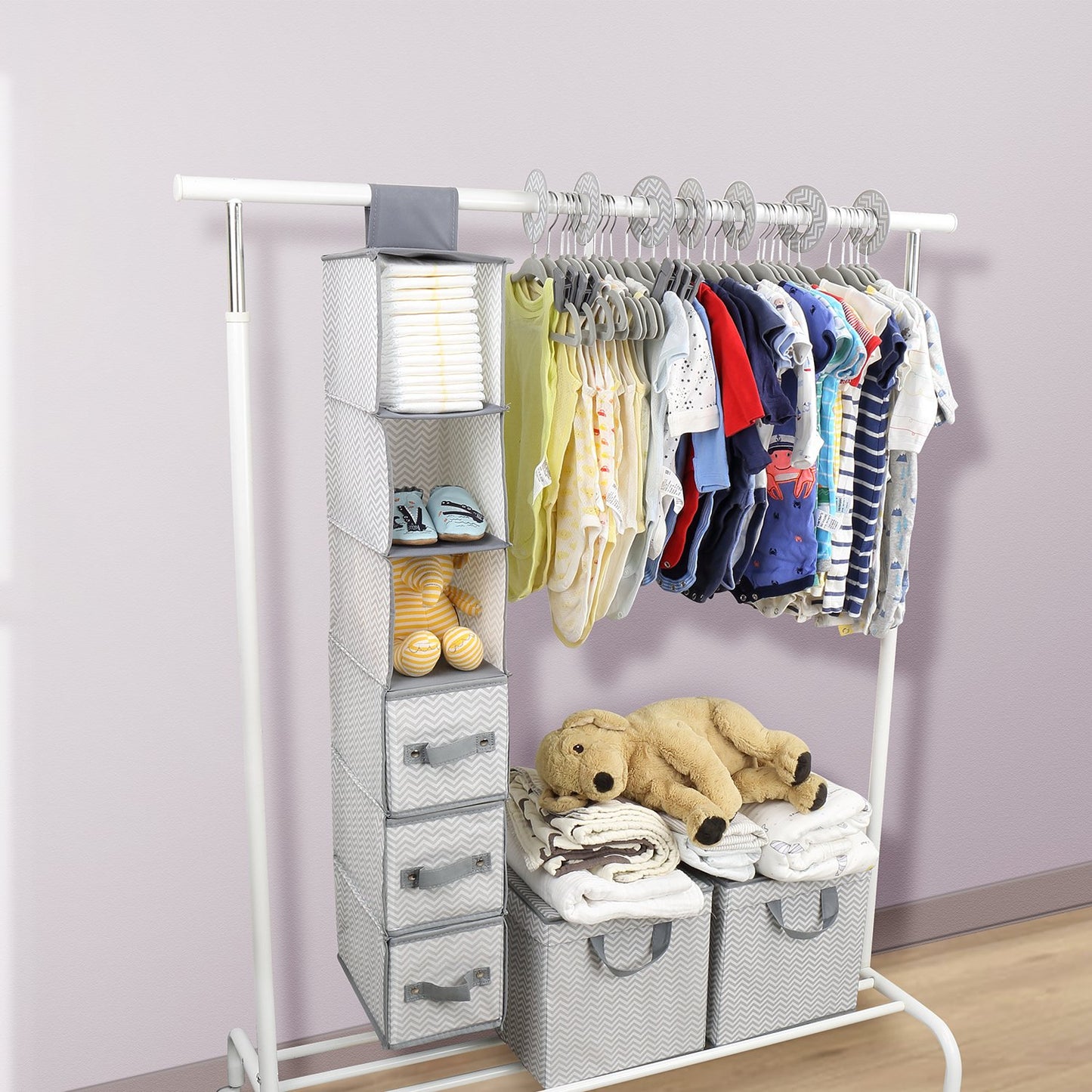 Nursery Organizer and Storage Closet Set (50 Pieces), Chevron Pattern, Grey and White