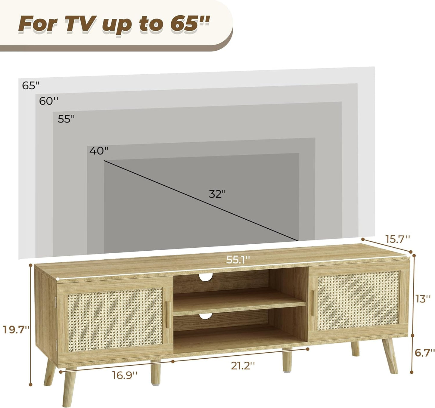 Boho TV Stand for 55 Inch TV, Entertainment Center with Adjustable Shelf, Rattan TV Console with 2 Cabinets, Media Console, Solid Wood Feet, 4 Cord Holes, for Living Room - Natural