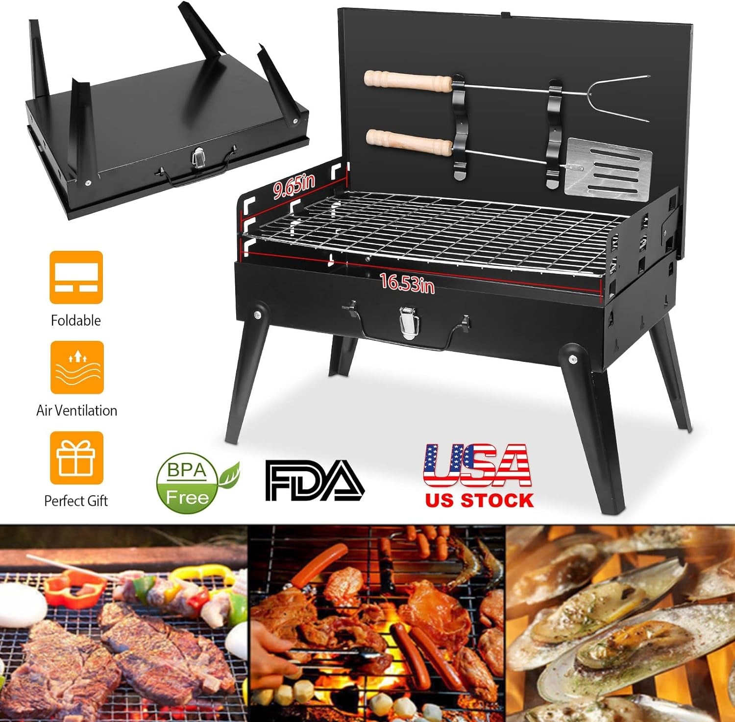 Portable Charcoal Grill, Small BBQ Grill Outdoor Folding Barbecue Grill, Foldable Camping Grill with Barbecue Accessories & Lid for Outdoor Cooking Camp Picnic Hiking Beach Party Patio Smokers