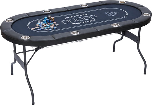 8 Player Foldable Poker Texas Hold'Em Table, Leisure Game, No Assembly Required, Portable Table, for Blackjack Game, with Cup Holders, for Homes, Parties, Game Rooms, Blue