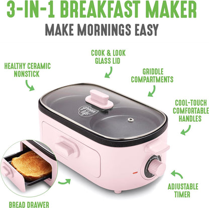 3-In-1 Breakfast Maker Station, Healthy Ceramic Nonstick Dual Griddles for Eggs Meat Sausage Bacon Pancakes and Breakfast Sandwiches, 2 Slice Toast Drawer, Easy-To-Use Timer, Pink