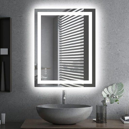 LED Bathroom Mirror 28"X 36" with Front and Backlight, Stepless Dimmable Wall Mirrors with Anti-Fog, Shatter-Proof, Memory, 3 Colors, Double LED Vanity Mirror (Horizontal/Vertical)