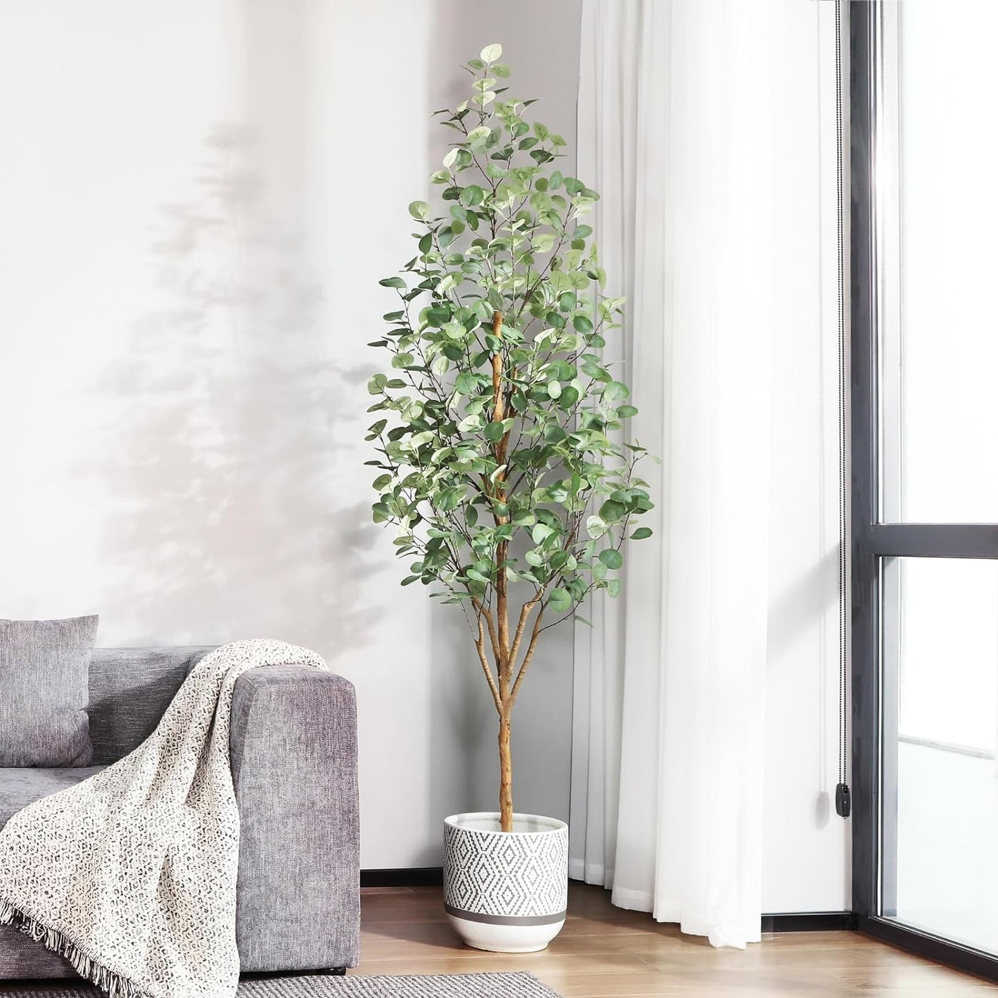 Artificial Eucalyptus Tree 7Ft, Tall Fake Eucalyptus Tree with Natural Wood Trunk and Silver Dollar Leaves, Silk Faux Eucalyptus Artificial Plants for Indoor Home Decor Office, 1Pcs