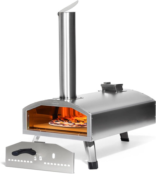 Portable Pizza Oven Outdoor - 12 Inch Wood Fired Pizza Oven for Outside, Stainless Steel Pellet Pizza Stove for Charcoal Grill on Backyard Camping - Silver Gray
