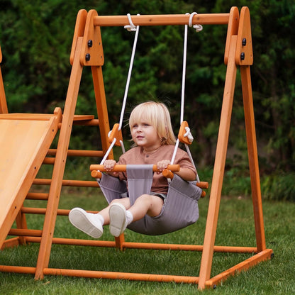 4-In-1 Juniper Outdoor Play Gym - Jungle Gym Playset with Baby Swing, Slide, Ladder, and Climbing Wall - Foldable Wooden Playset - Outdoor Jungle Gym for Kids Ages 18Mo to 6Yrs