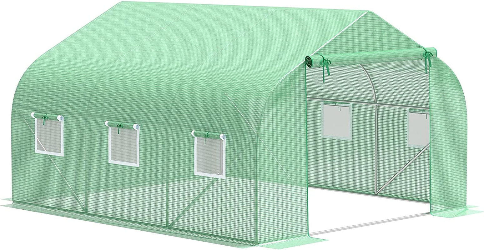 12' X 10' X 7' Outdoor Walk-In Greenhouse, Tunnel Green House with Roll-Up Windows, Zippered Door, PE Cover, Heavy Duty Steel Frame, Green - Design By Technique