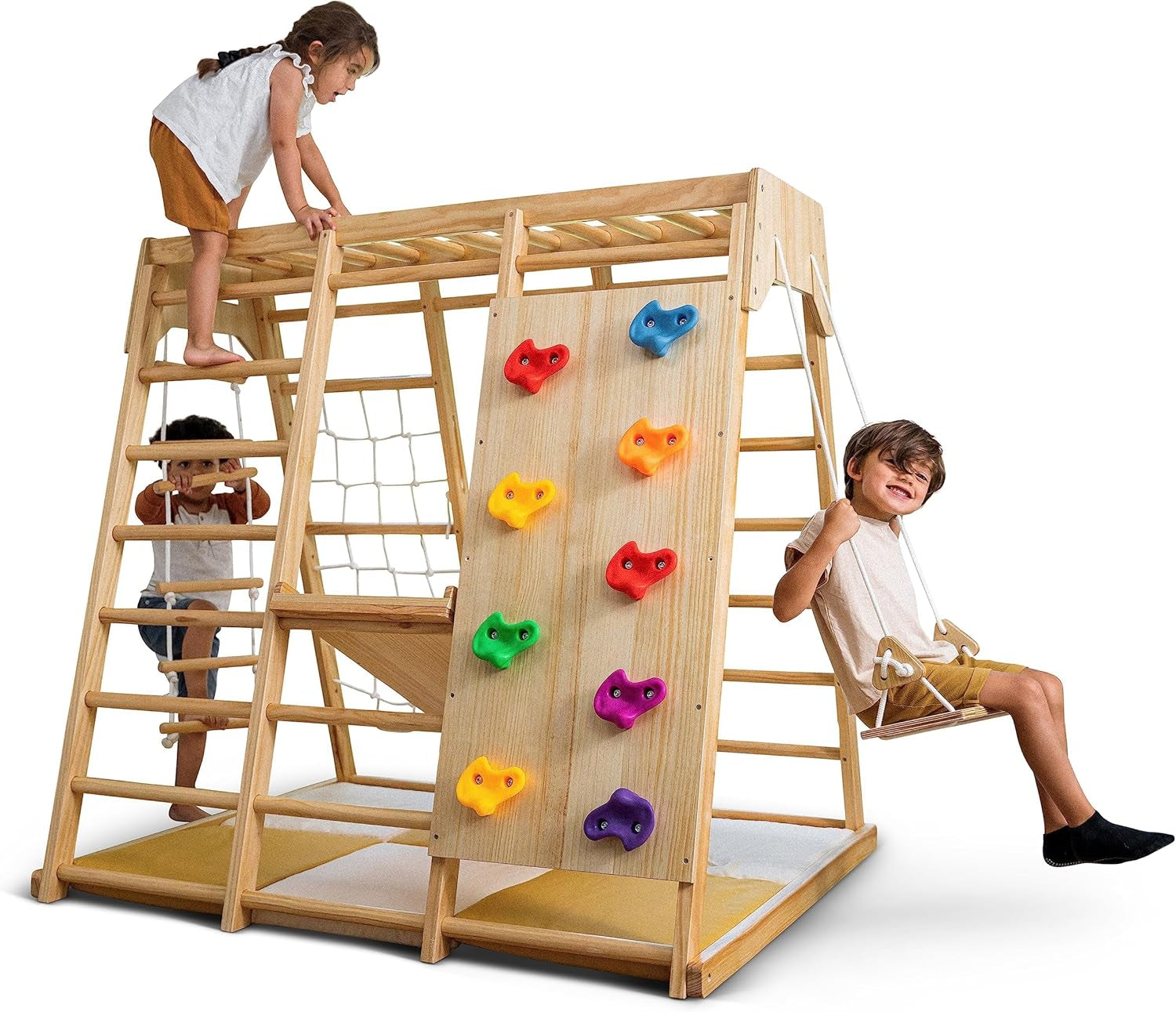 Magnolia Indoor Playground 6-In-1 Jungle Gym Montessori Waldorf Style Wooden Climber Playset Slide, Rock Climbing Wall, Rope Wall Climber, Monkey Bars, Swing for Toddlers, Children Kids 2-6Yrs