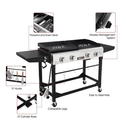 4-Burner GD401 Portable Flat Top Gas Grill and Griddle Combo with Folding Legs