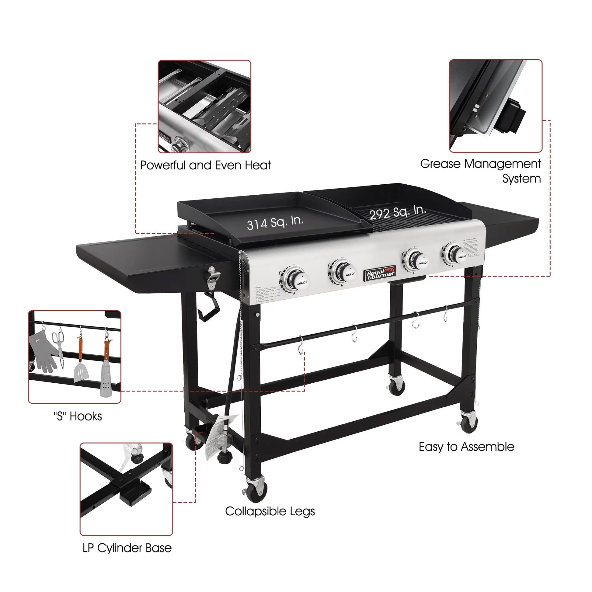 GD401C Premium 4-Burner 48000-BTU Folding Gas Grill and Griddle, with Cover