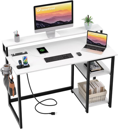 Computer Desk with USB Charging Port and Power Outlet, Reversible Small Desk with Monitor Stand and Storage Shelves for Home Office, 40 in Work Desk with Cup Holder Hook, White