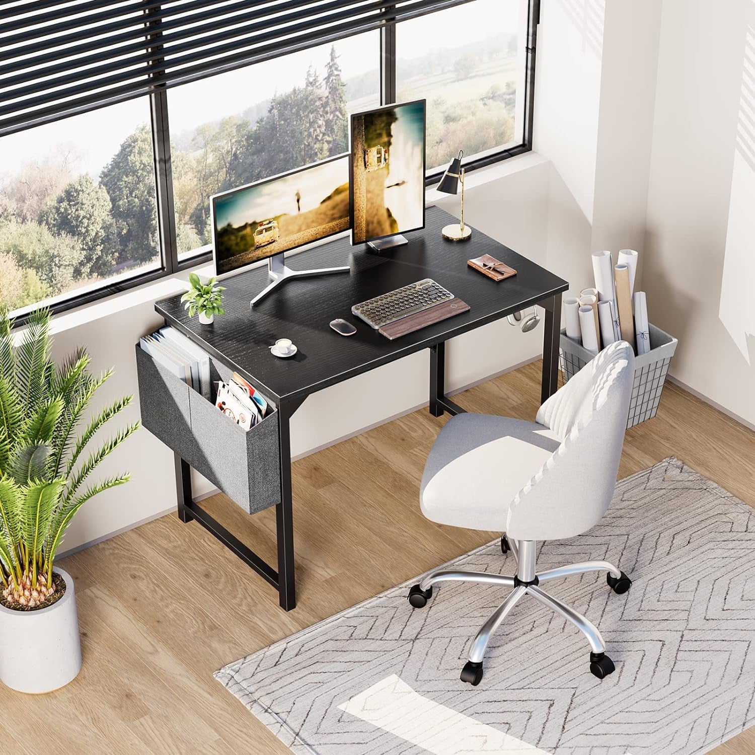 Computer Small Desk 40 Inch Home Office Writing Study Work Storage Bag Headphone Hooks Simple Modern Wood Kids Student Table