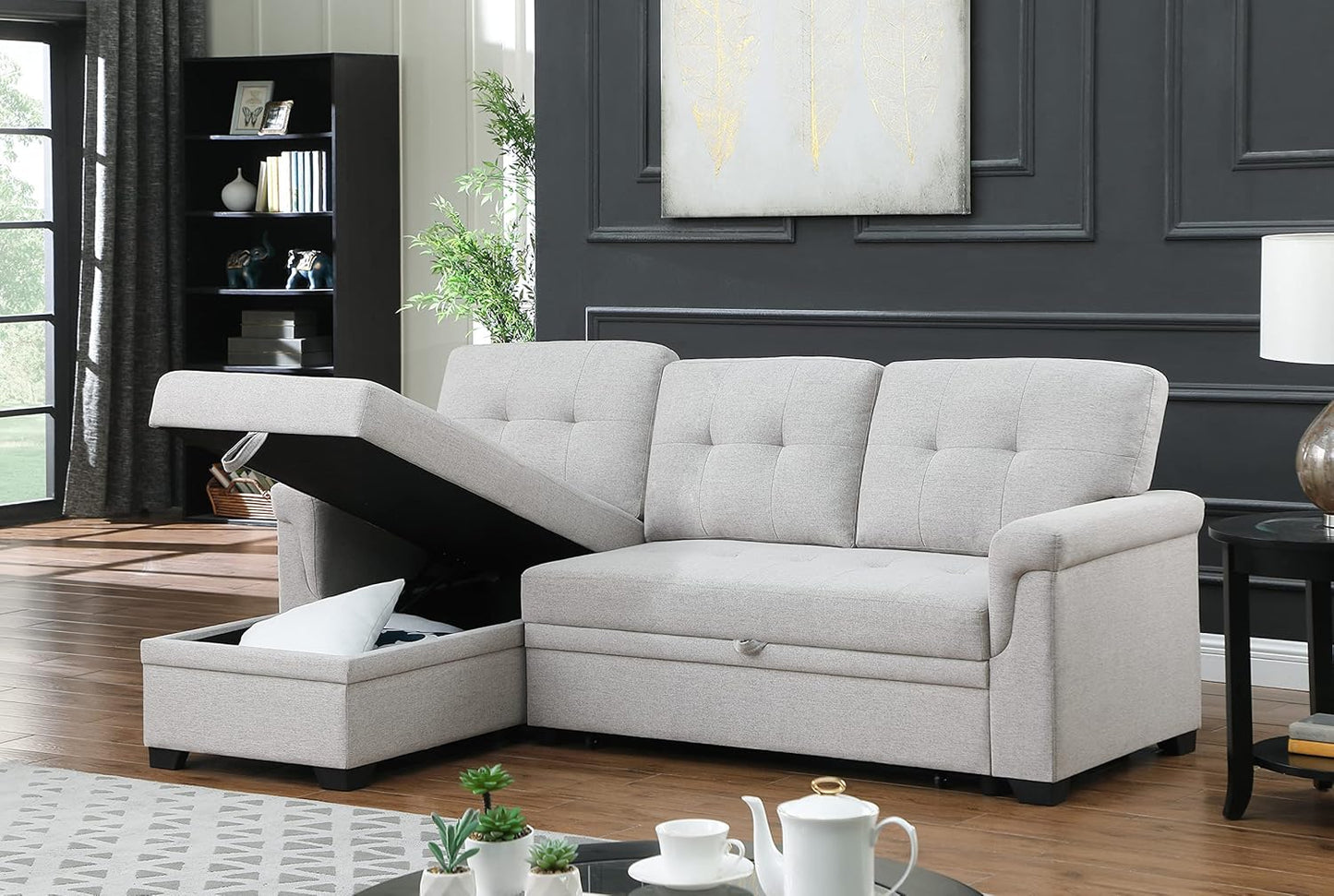 Lucca Light Gray Linen Reversible Sleeper Sectional Sofa with Storage Chaise