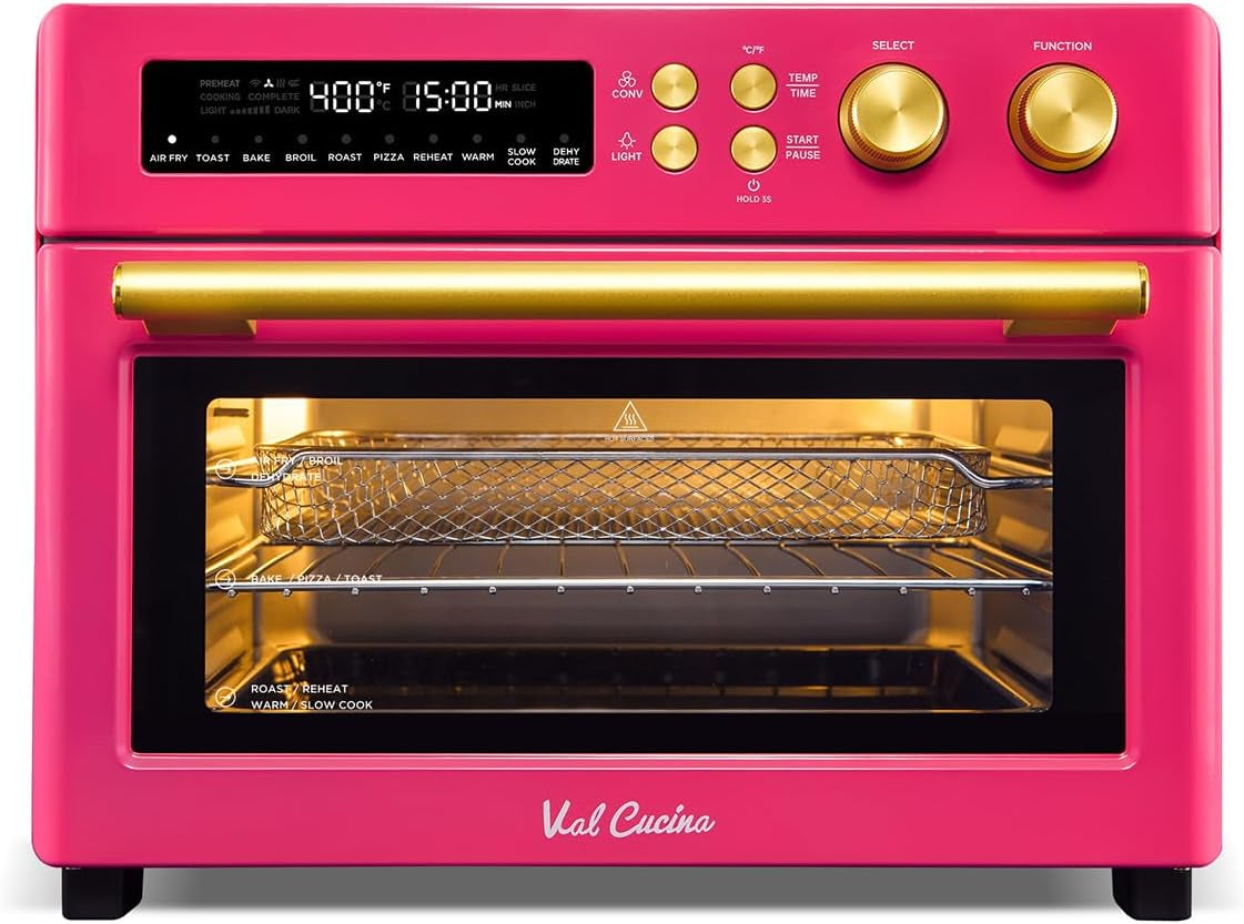 Limited Edition Happy Pink Infrared Heating Air Fryer Toaster Oven, Extra Large Countertop Convection Oven 10-In-1 Combo, 6-Slice Toast, Enamel Baking Pan Easy Clean with Recipe Book