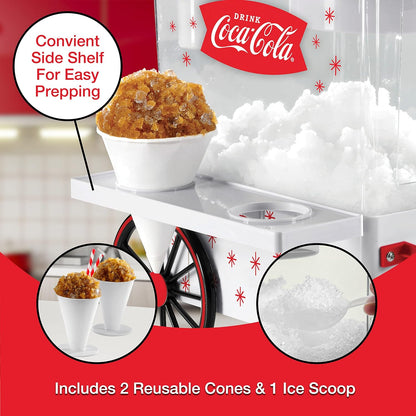 Coca-Cola Snow Cone Shaved Ice Machine - Coke Retro Table-Top Slushie Machine Makes 20 Icy Treats - Includes 2 Reusable Plastic Cups & Ice Scoop - White & Red