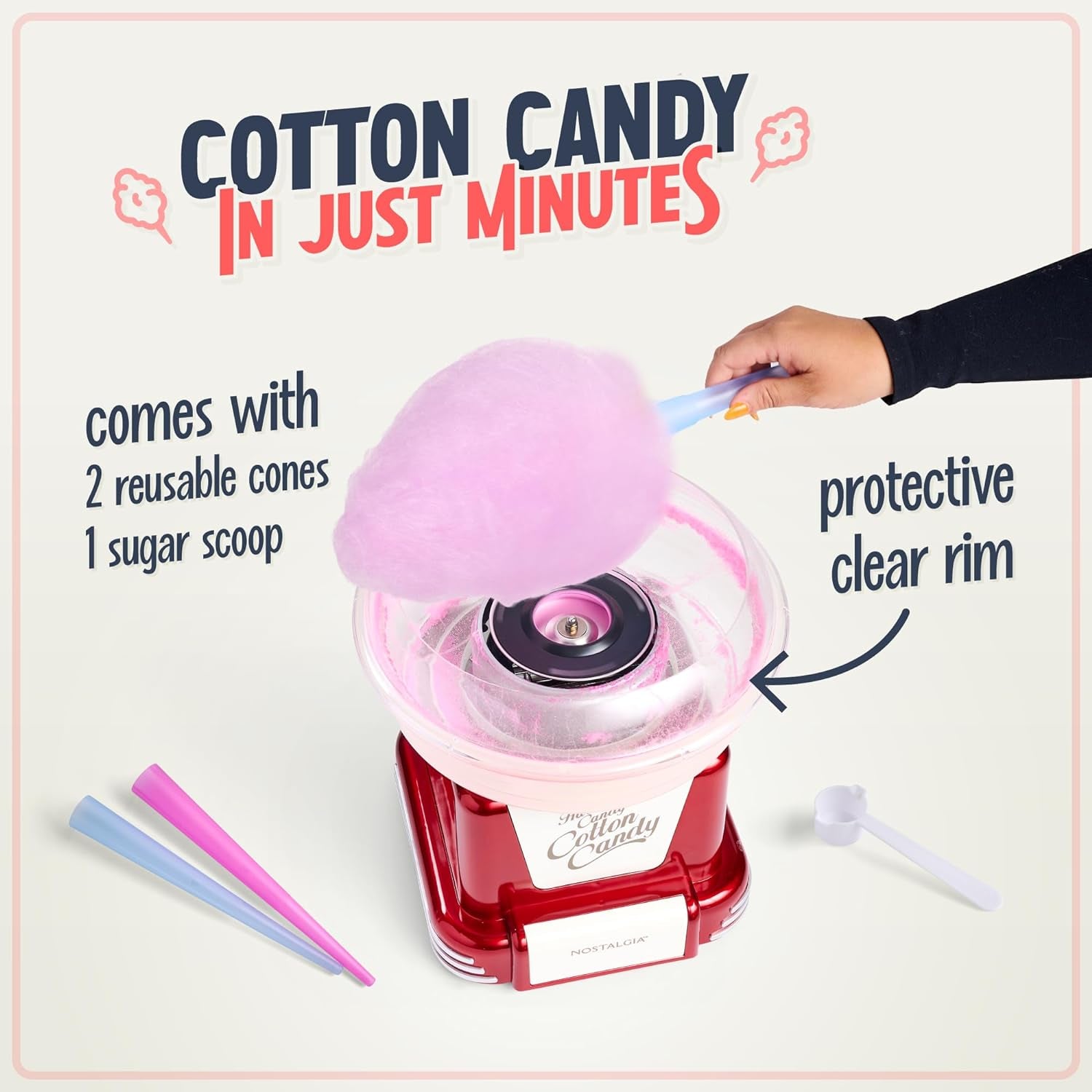 Cotton Candy Machine - Retro Cotton Candy Machine for Kids with 2 Reusable Cones, 1 Sugar Scoop, and 1 Extractor Head – Red