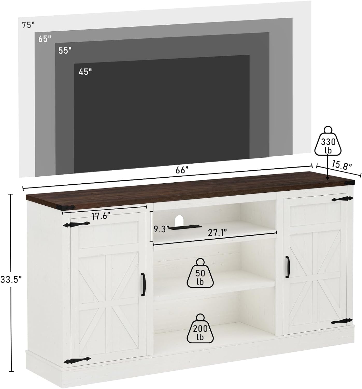 66" Farmhouse TV Stand with Power Outlets for 75 65 Inch Tvs, 33" Tall Entertainment Center with Storage Cabinets W/Adjustable Shelves, Rustic Large TV Media Console for Living Room, White