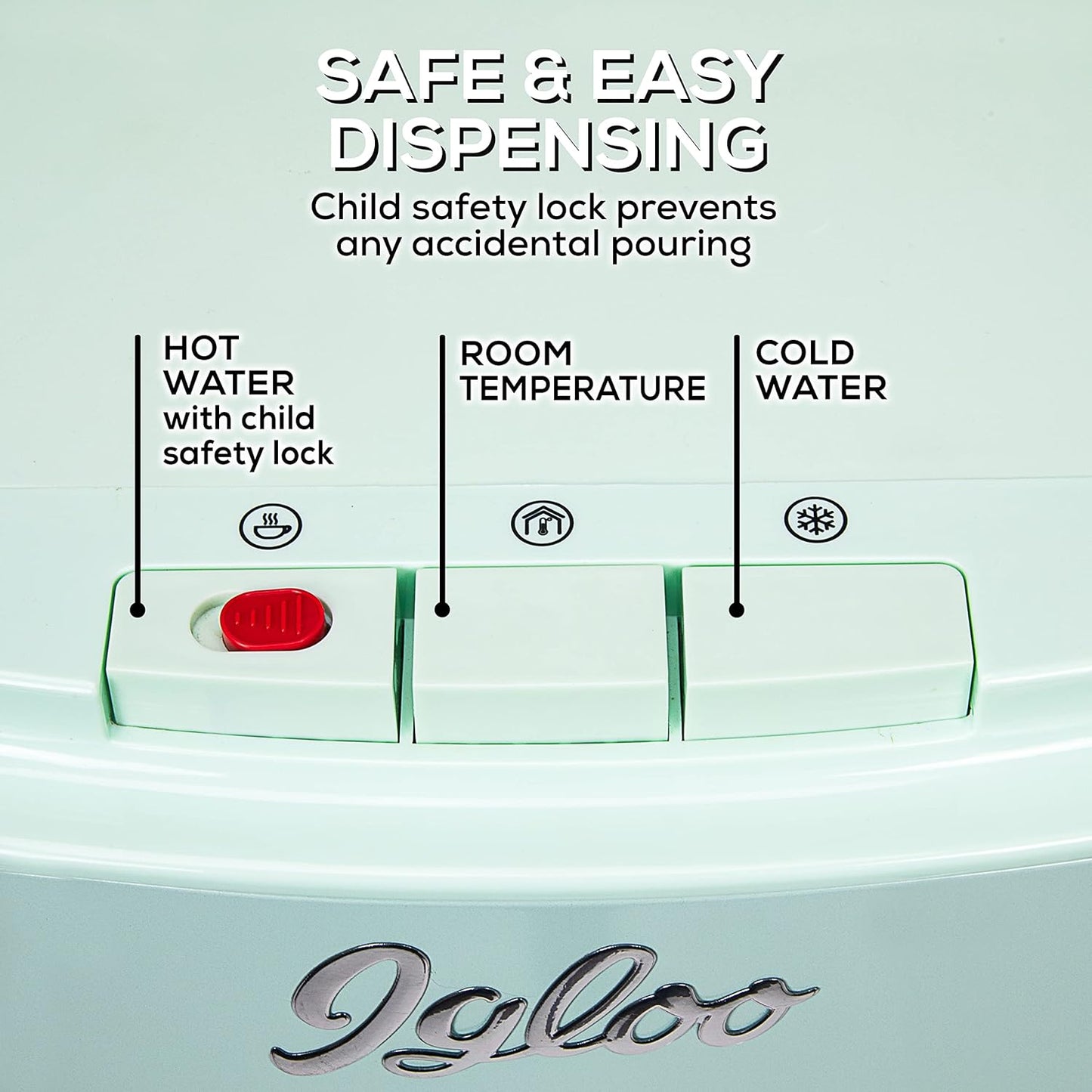 Retro Bottom Load Water Cooler Dispenser, Hot, Cold or Room-Temperature Water, Holds 3 or 5 Gallon Bottles, Child Safety Lock, Perfect for Homes, Kitchens, Dorms, Aqua