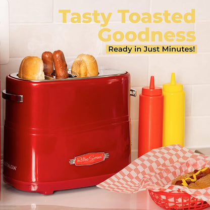 2 Slot Hot Dog and Bun Toaster with Mini Tongs, Retro Toaster, Cooker That Works Chicken, Turkey, Veggie Links, Sausages Brats, Metallic Red