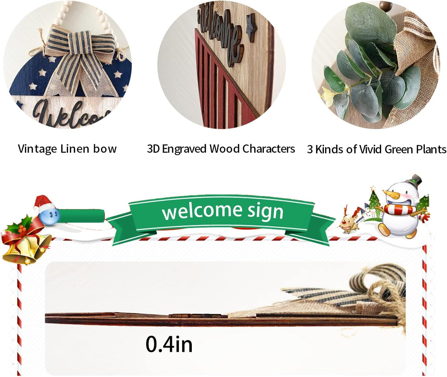 3D Welcome Sign for Front Door | Home/Farmhouse Porch Décor Wooden Hanging Sign with Artificial Leaves and Rustic Beads | Christmas Classroom |12" Round