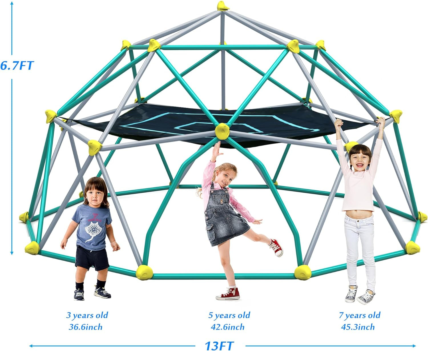 13 FT Climbing Dome with Play Canopy for Kids 3-10, Outdoor Play Equipment Supporting 1000 Lbs, Anti-Rust Jungle Gym, Easy Assembly Geometric Dome Climber Play Center (Blue & Silver)