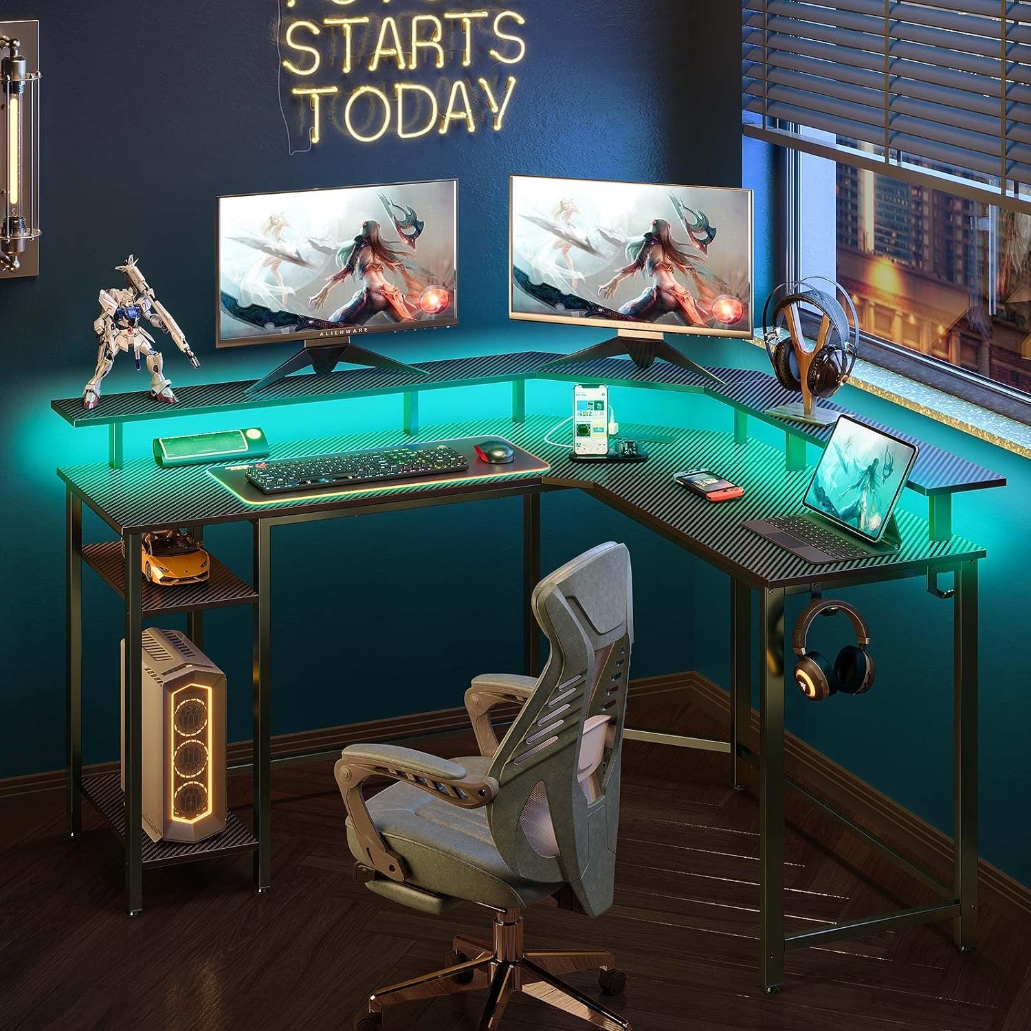 Computer Desk 55.1" with Power Outlets USB Ports & LED Strip,Reversible L Shaped Desk with Monitor Stand & Storage Shelf,L Shaped Gaming Desk with Hooks,Home Office Desk,Carbon Fiber