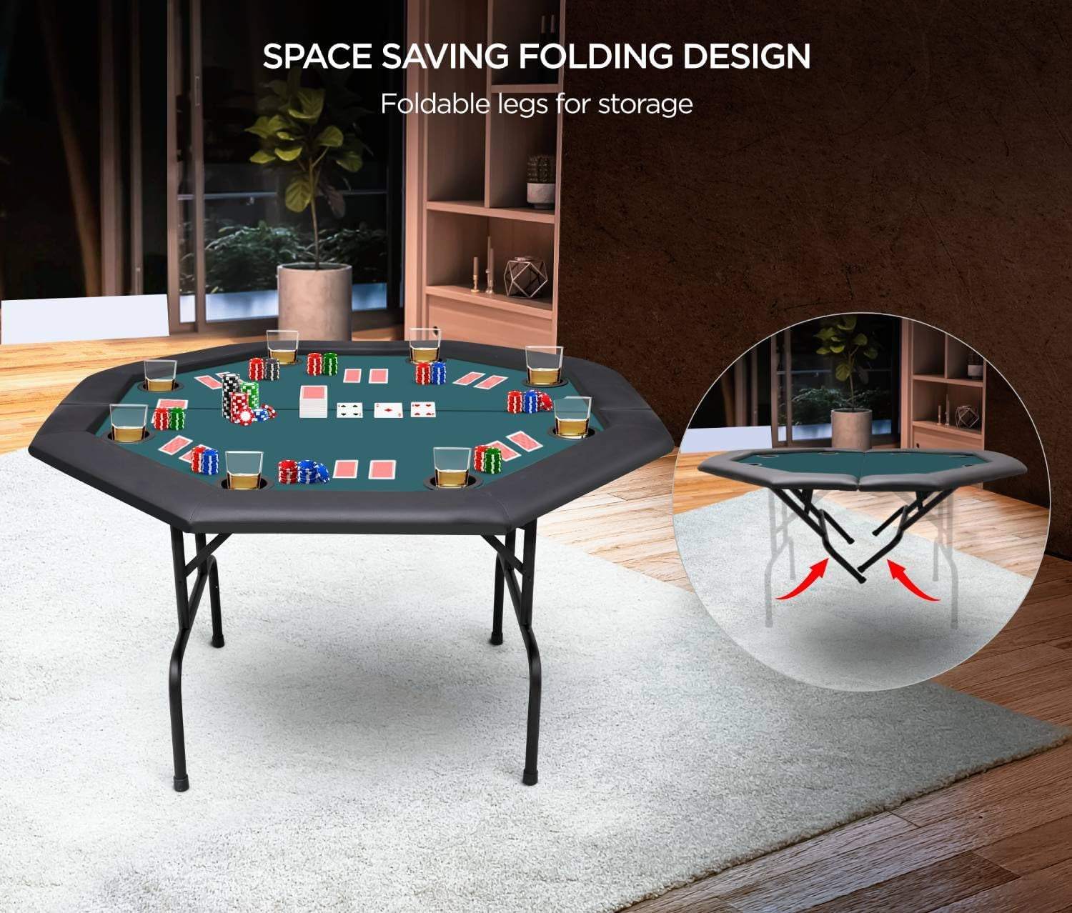 Portable Poker Table Foldable 8 Player Texas Holdem Poker Table with Casino Table Grade Felt Top Cushioned Armrest and 8 Cup Holders for Card Game Gambling Large 48 Inch Octagon Folding Poker Table